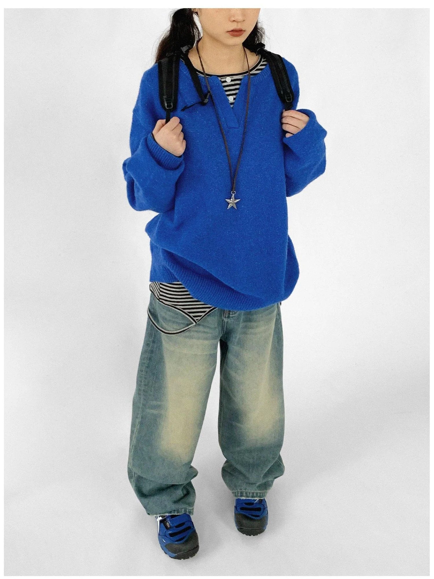 Relaxed V-Neck Wool Blend Knit Sweater