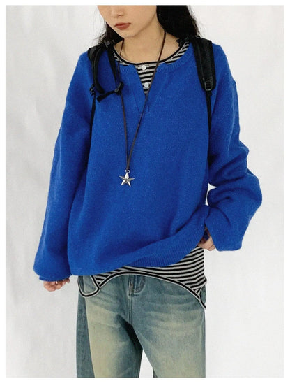 Relaxed V-Neck Wool Blend Knit Sweater