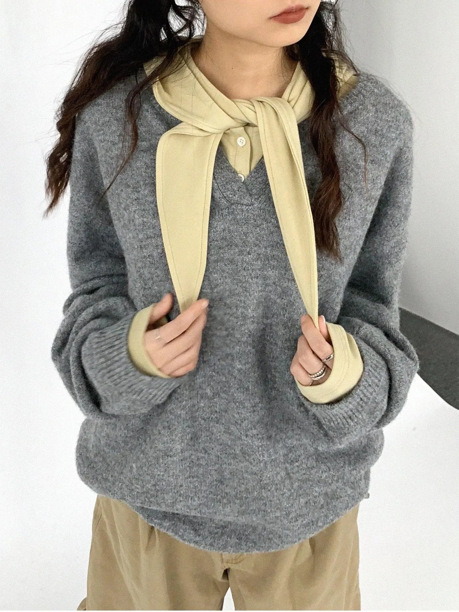 Relaxed V-Neck Wool Blend Knit Sweater