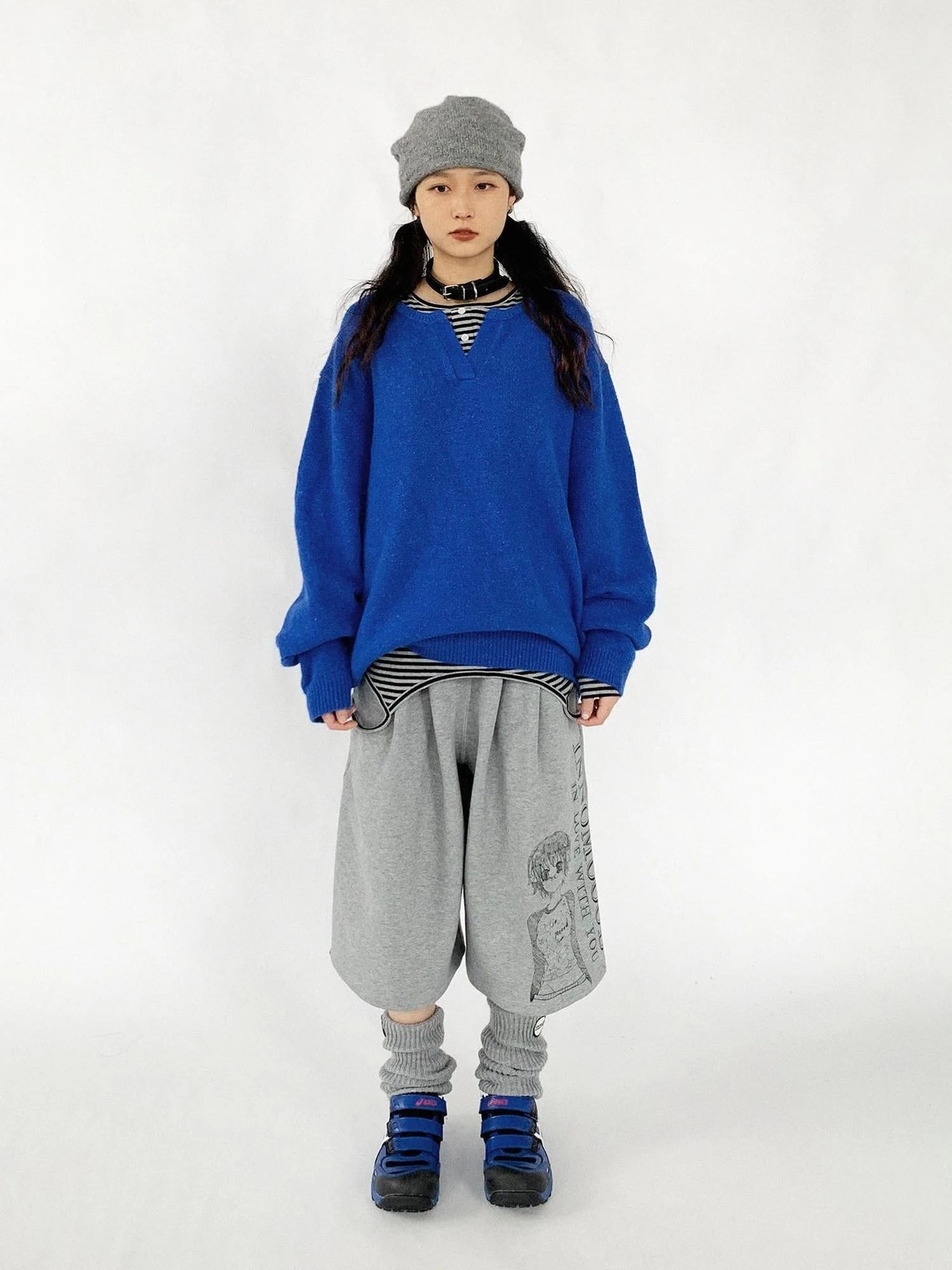 Relaxed V-Neck Wool Blend Knit Sweater