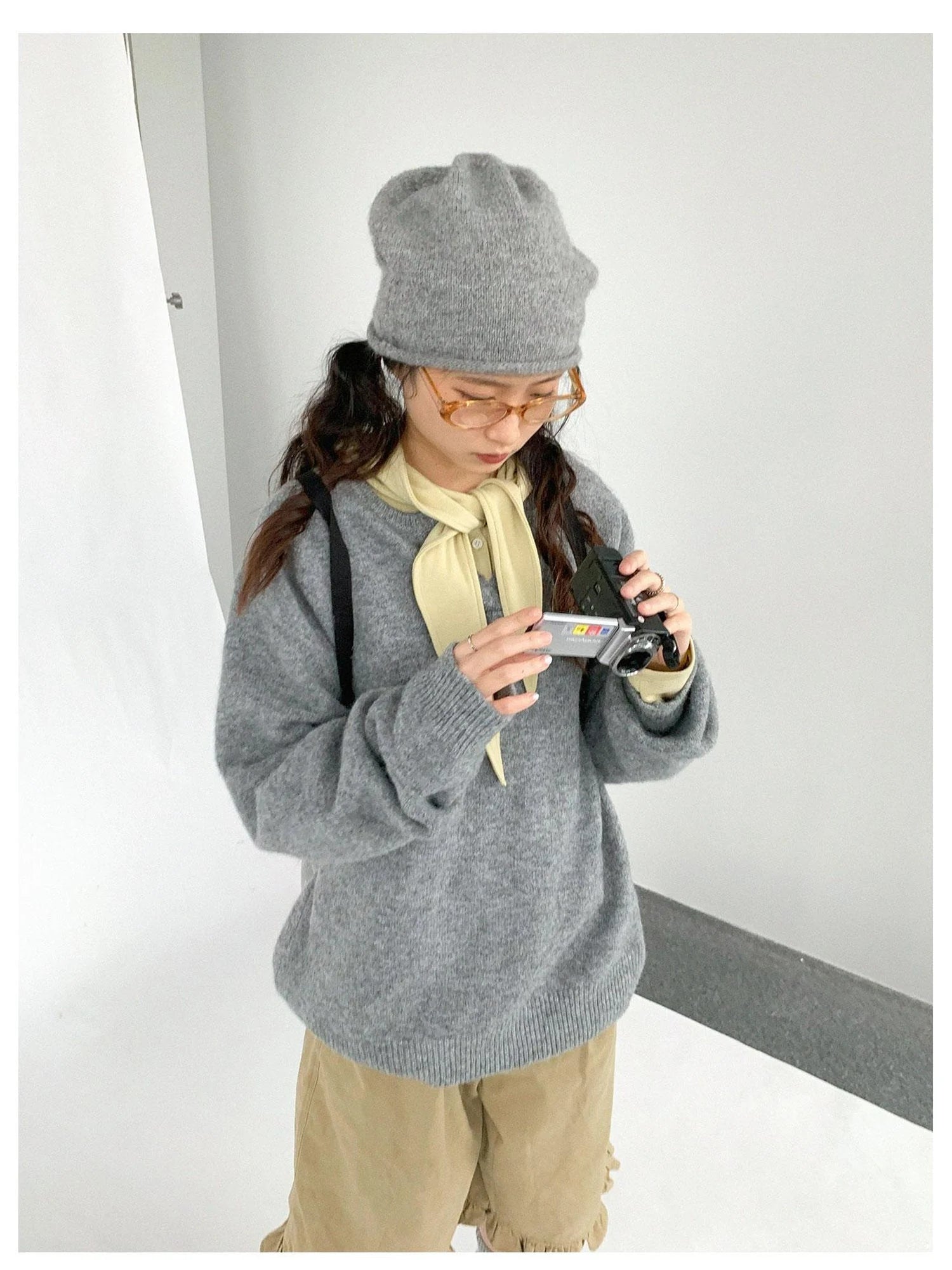 Relaxed V-Neck Wool Blend Knit Sweater