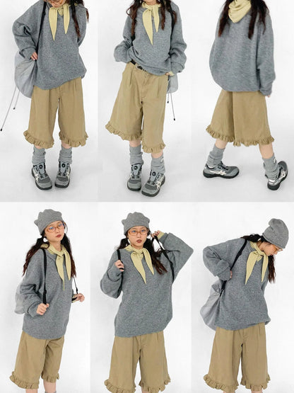 Relaxed V-Neck Wool Blend Knit Sweater