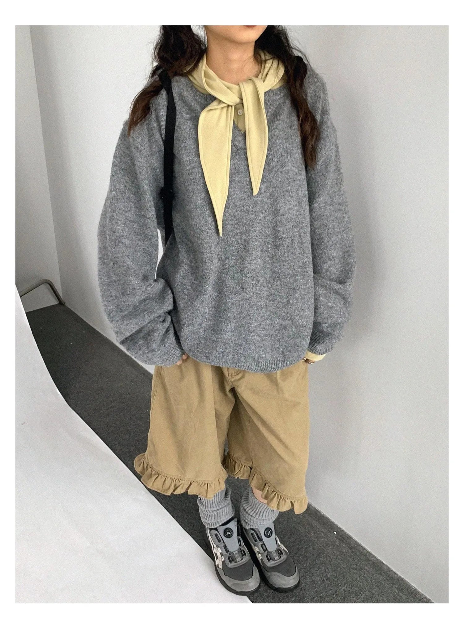 Relaxed V-Neck Wool Blend Knit Sweater