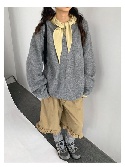 Relaxed V-Neck Wool Blend Knit Sweater