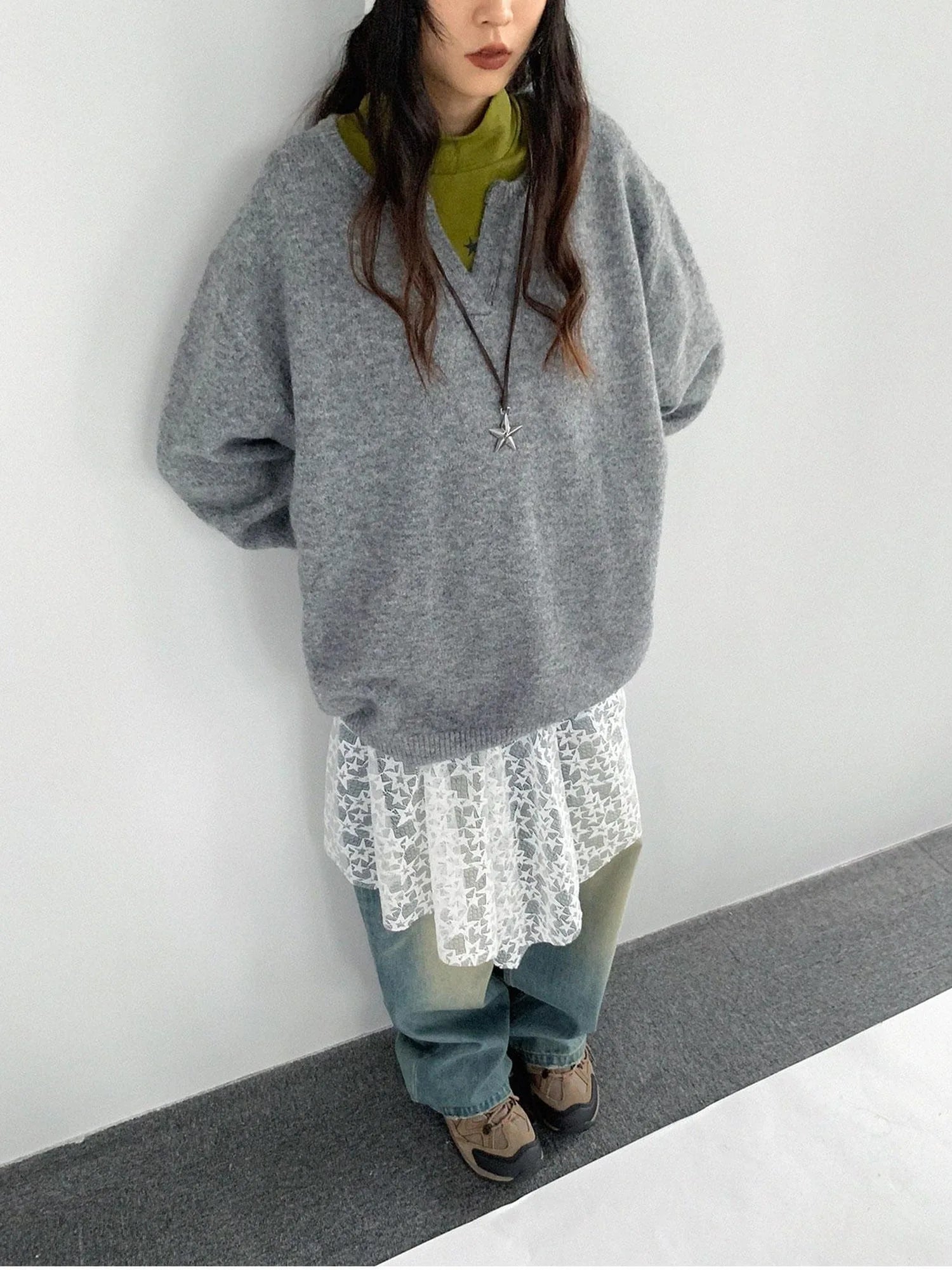 Relaxed V-Neck Wool Blend Knit Sweater