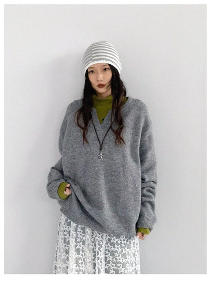 Relaxed V-Neck Wool Blend Knit Sweater