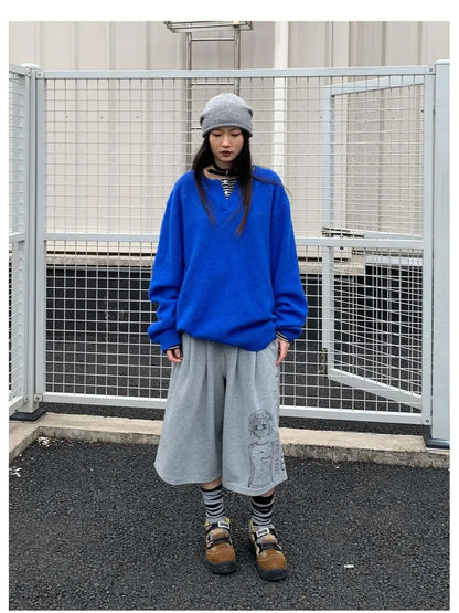 Relaxed V-Neck Wool Blend Knit Sweater