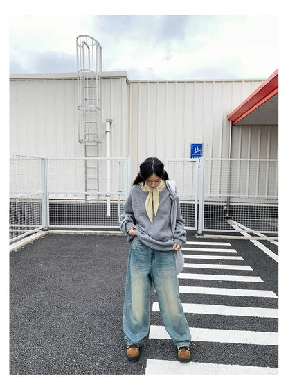 Relaxed V-Neck Wool Blend Knit Sweater