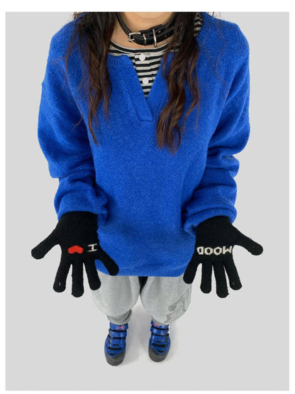 Relaxed V-Neck Wool Blend Knit Sweater