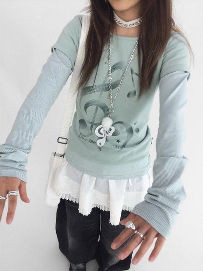 innomoood Resonant Note Print Layered Long Sleeve Tee