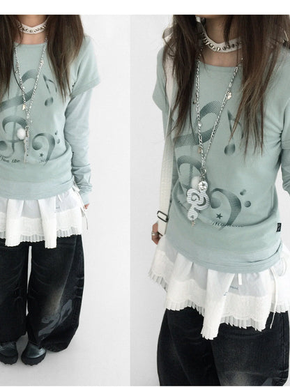 Resonant Note Print Layered Long Sleeve Tee