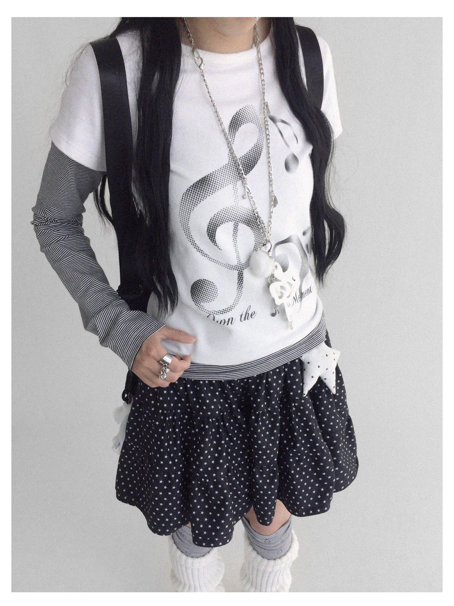 innomoood Resonant Note Print Layered Long Sleeve Tee