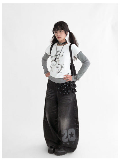 innomoood Resonant Note Print Layered Long Sleeve Tee
