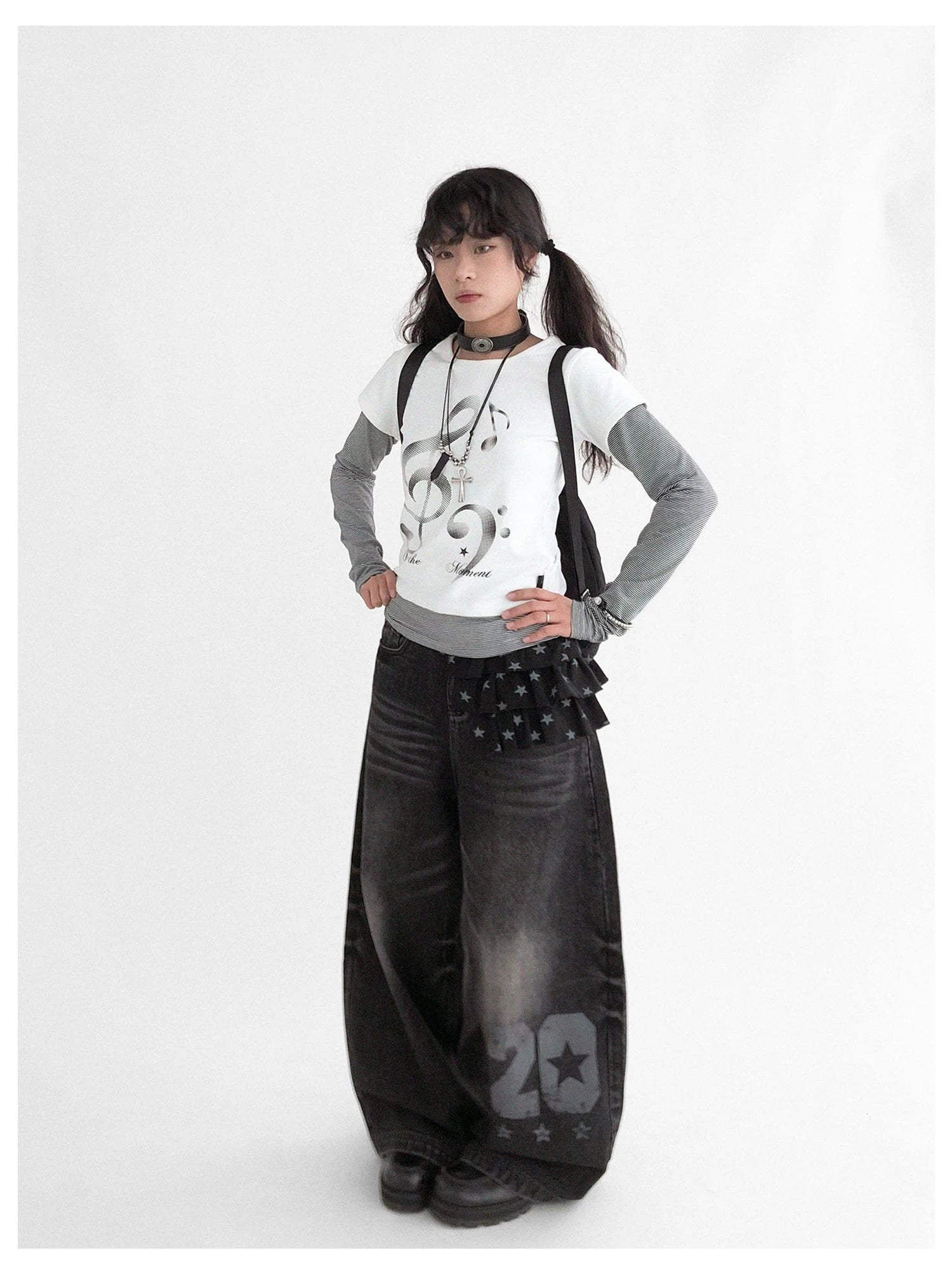 Resonant Note Print Layered Long Sleeve Tee