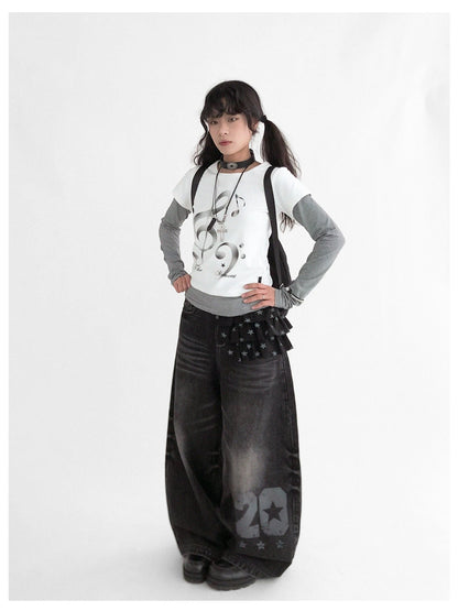 Resonant Note Print Layered Long Sleeve Tee