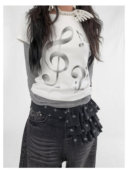 innomoood Resonant Note Print Layered Long Sleeve Tee