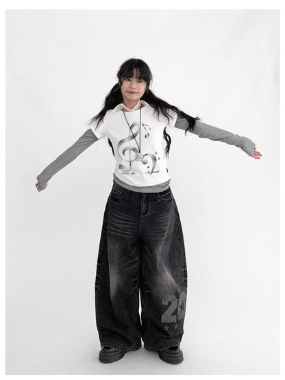 innomoood Resonant Note Print Layered Long Sleeve Tee