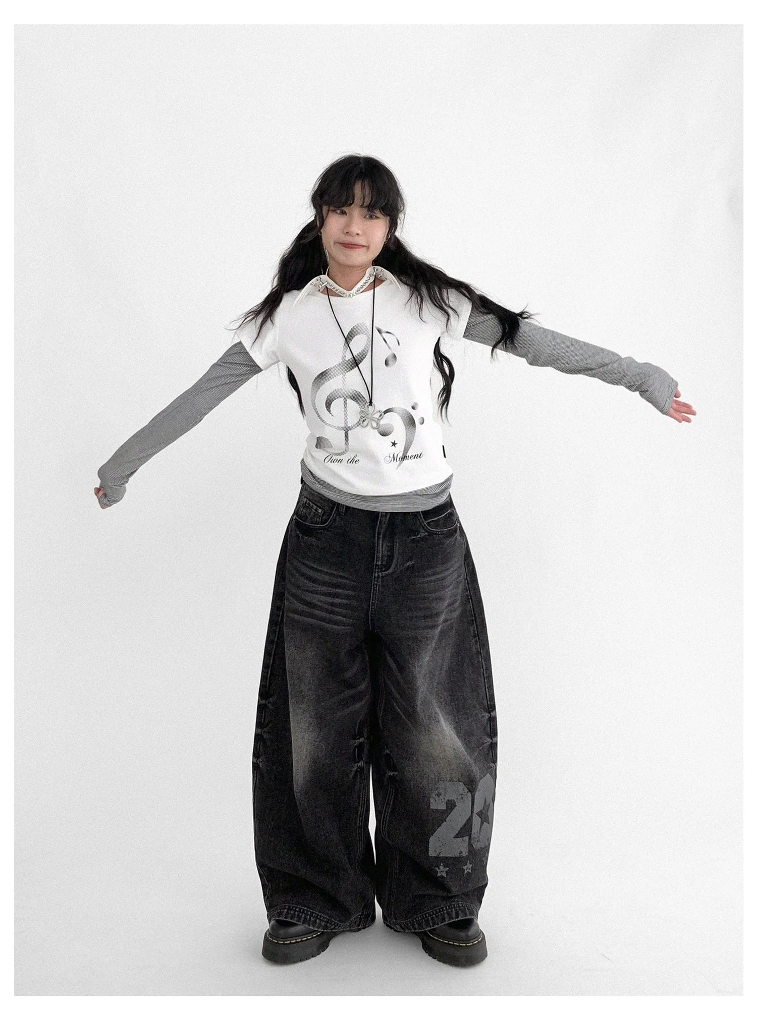 Resonant Note Print Layered Long Sleeve Tee