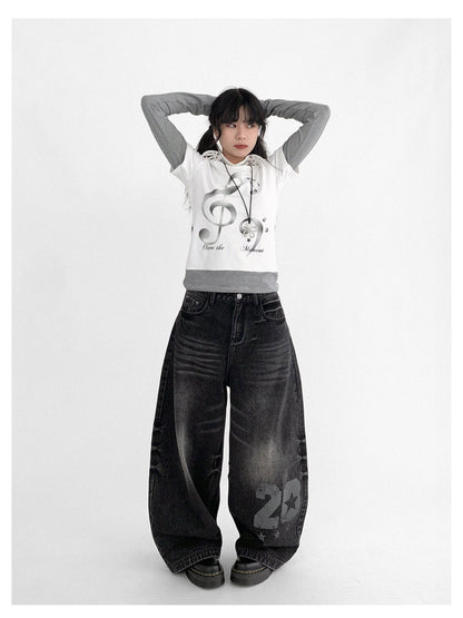 innomoood Resonant Note Print Layered Long Sleeve Tee