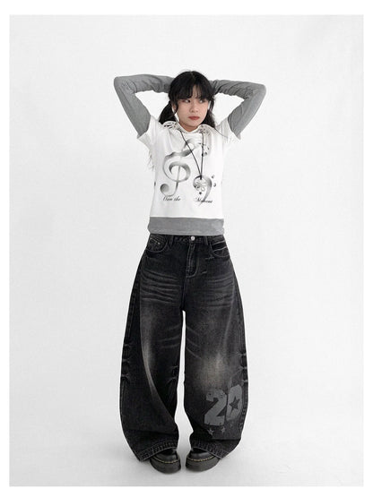 Resonant Note Print Layered Long Sleeve Tee