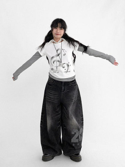 innomoood Resonant Note Print Layered Long Sleeve Tee