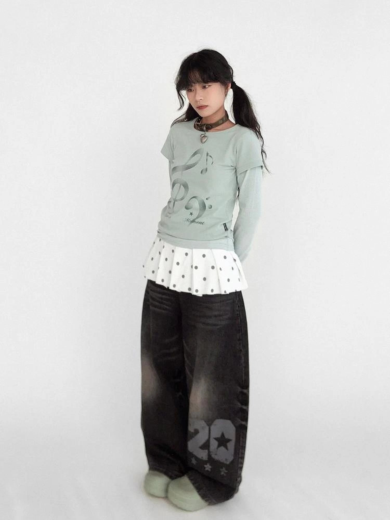 Resonant Note Print Layered Long Sleeve Tee