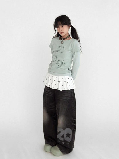 Resonant Note Print Layered Long Sleeve Tee