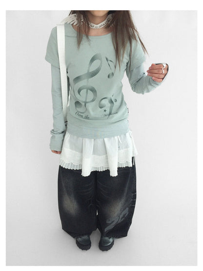 Resonant Note Print Layered Long Sleeve Tee