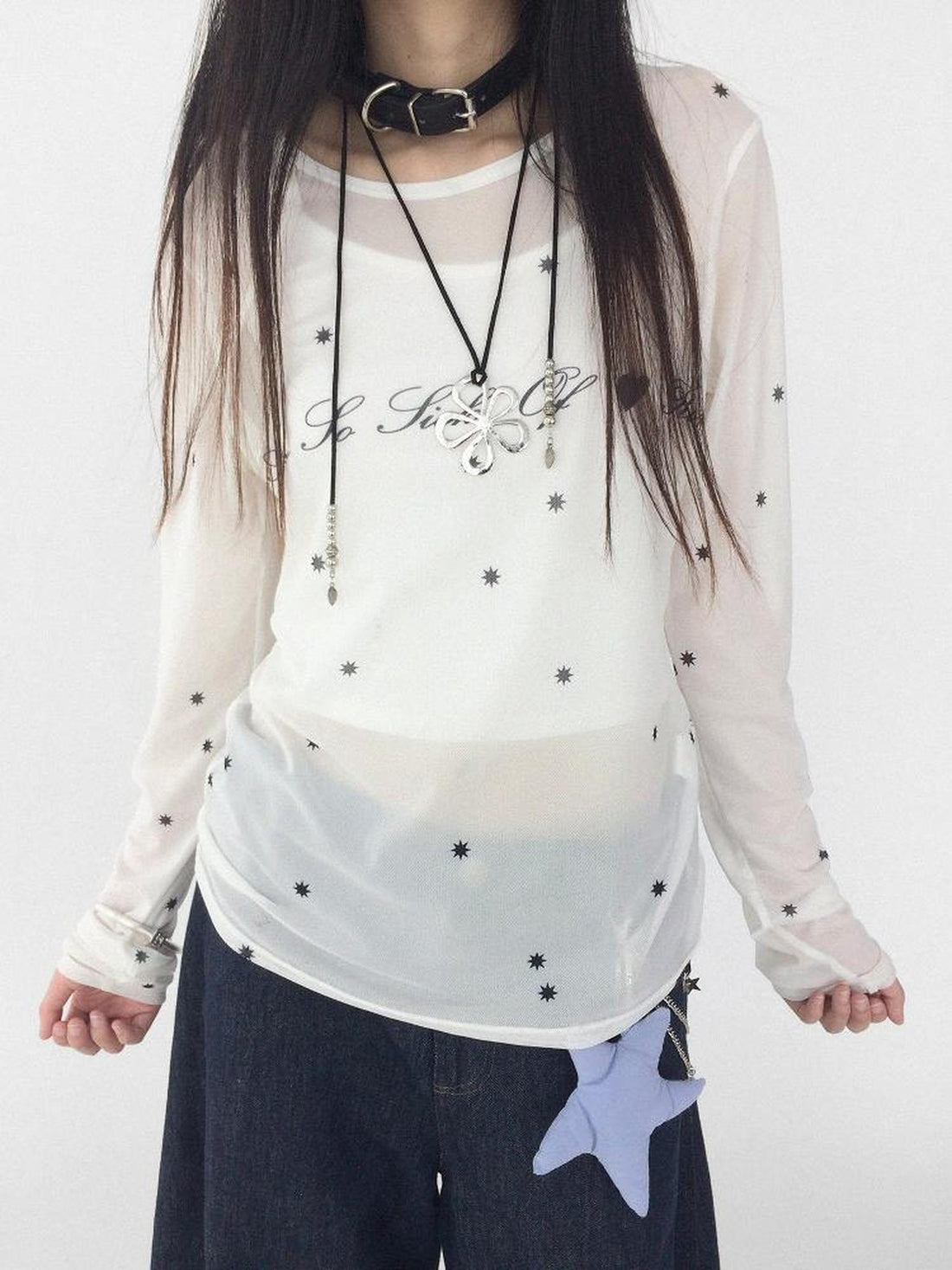 innomoood Romantic Allergy Mesh Print V-neck T-shirt Long Sleeve
