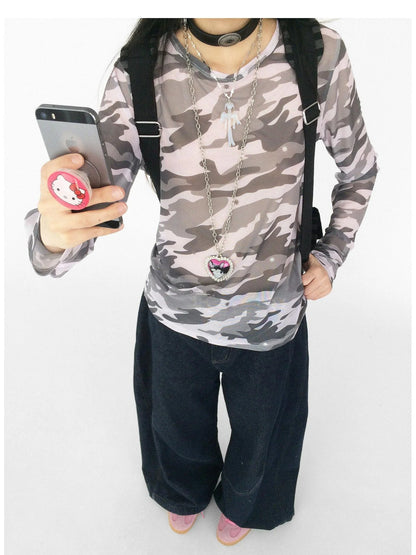 Romantic Allergy Mesh Print V-neck T-shirt Long Sleeve