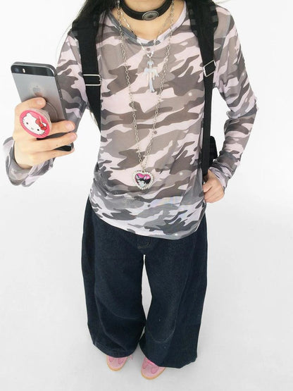 Romantic Allergy Mesh Print V-neck T-shirt Long Sleeve