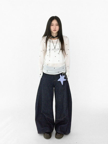 Romantic Allergy Mesh Print V-neck T-shirt Long Sleeve