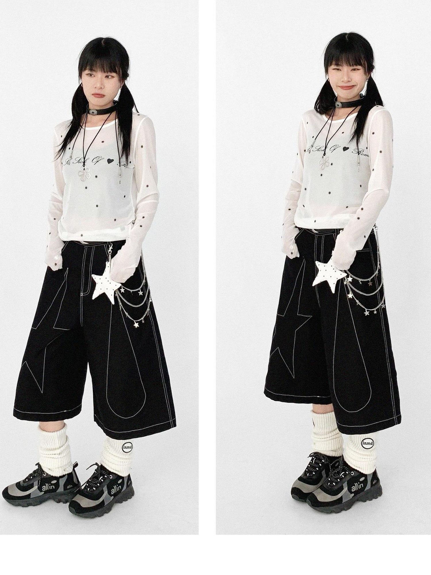 innomoood Romantic Allergy Mesh Print V-neck T-shirt Long Sleeve