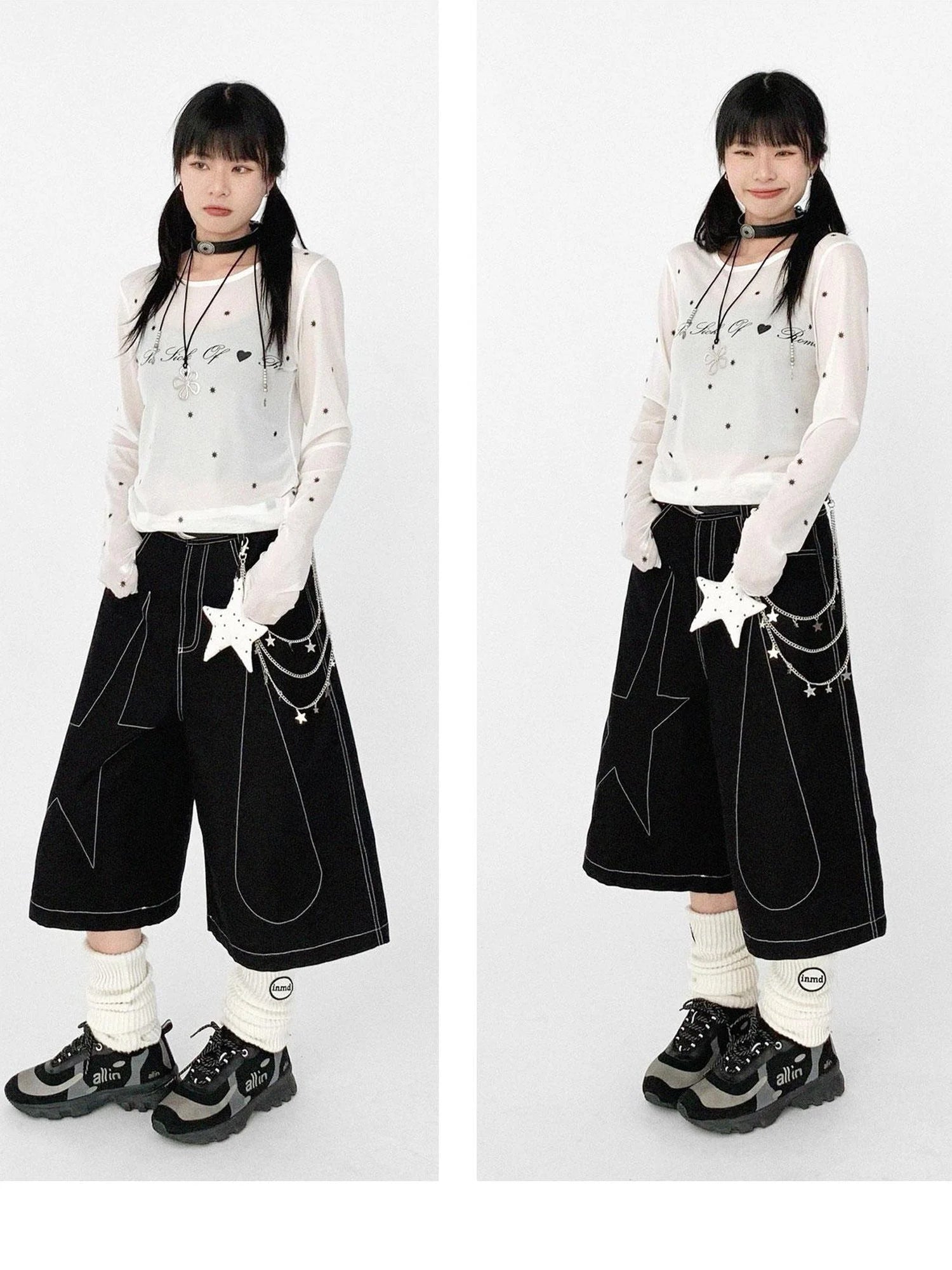 Romantic Allergy Mesh Print V-neck T-shirt Long Sleeve