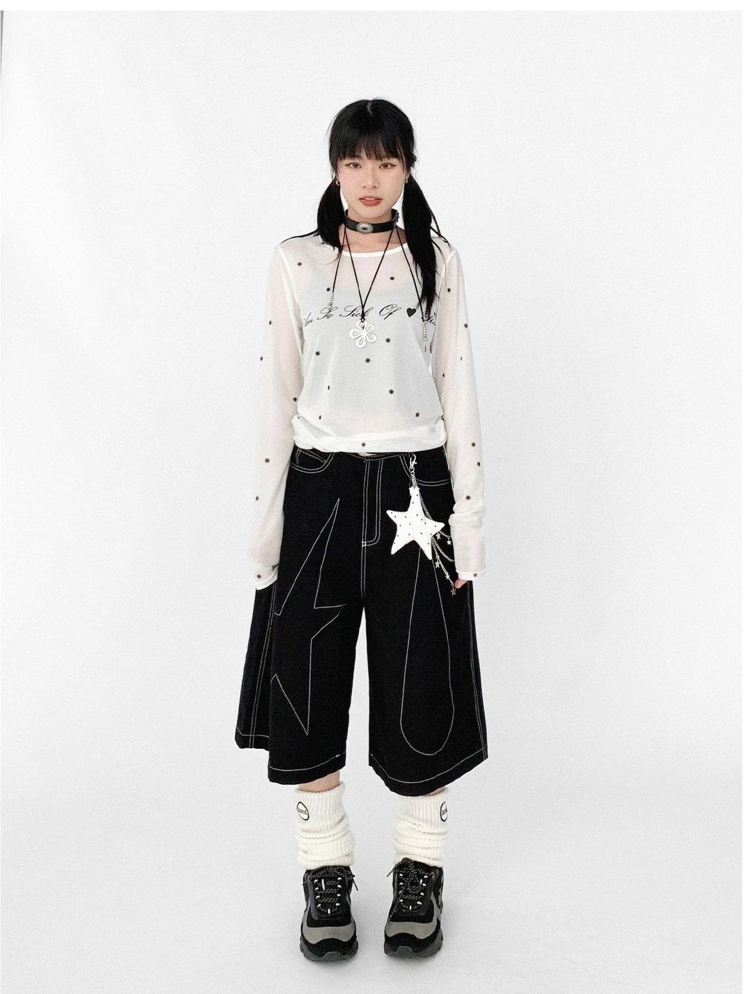 Romantic Allergy Mesh Print V-neck T-shirt Long Sleeve