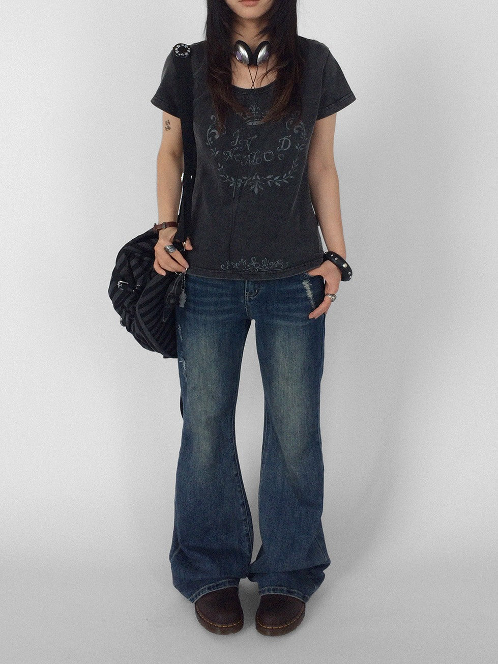 innomoood Rose Print Washed Slim Fit Women&