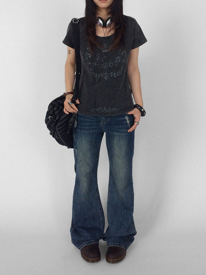 innomoood Rose Print Washed Slim Fit Women&