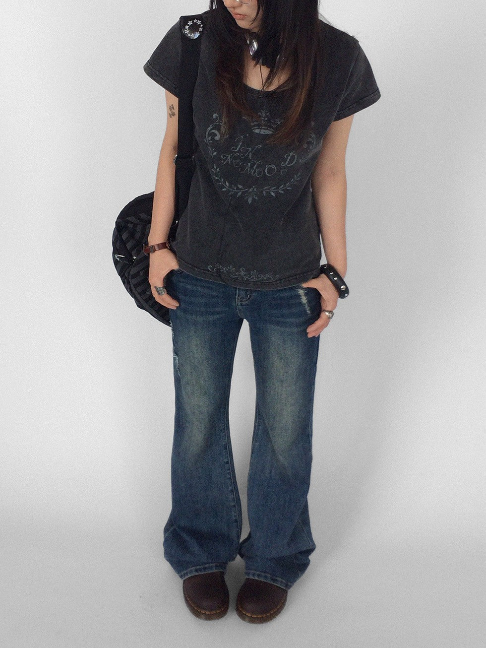 innomoood Rose Print Washed Slim Fit Women&
