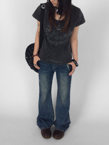 innomoood Rose Print Washed Slim Fit Women&