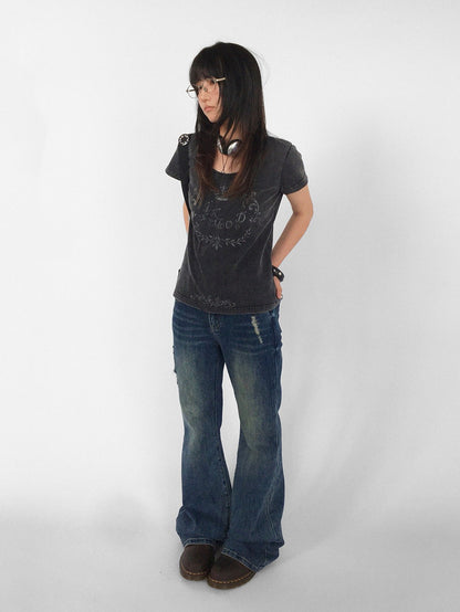 innomoood Rose Print Washed Slim Fit Women&