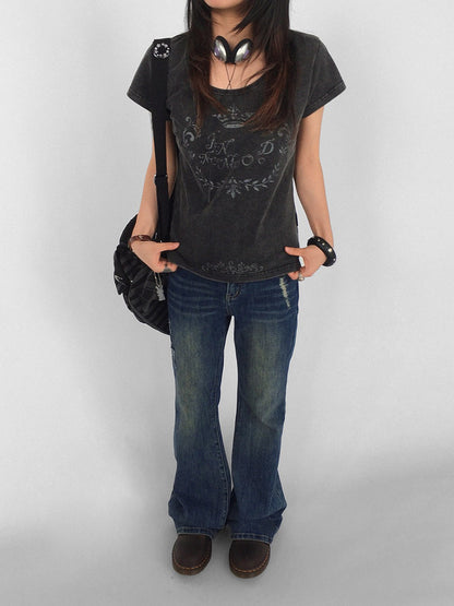 innomoood Rose Print Washed Slim Fit Women&