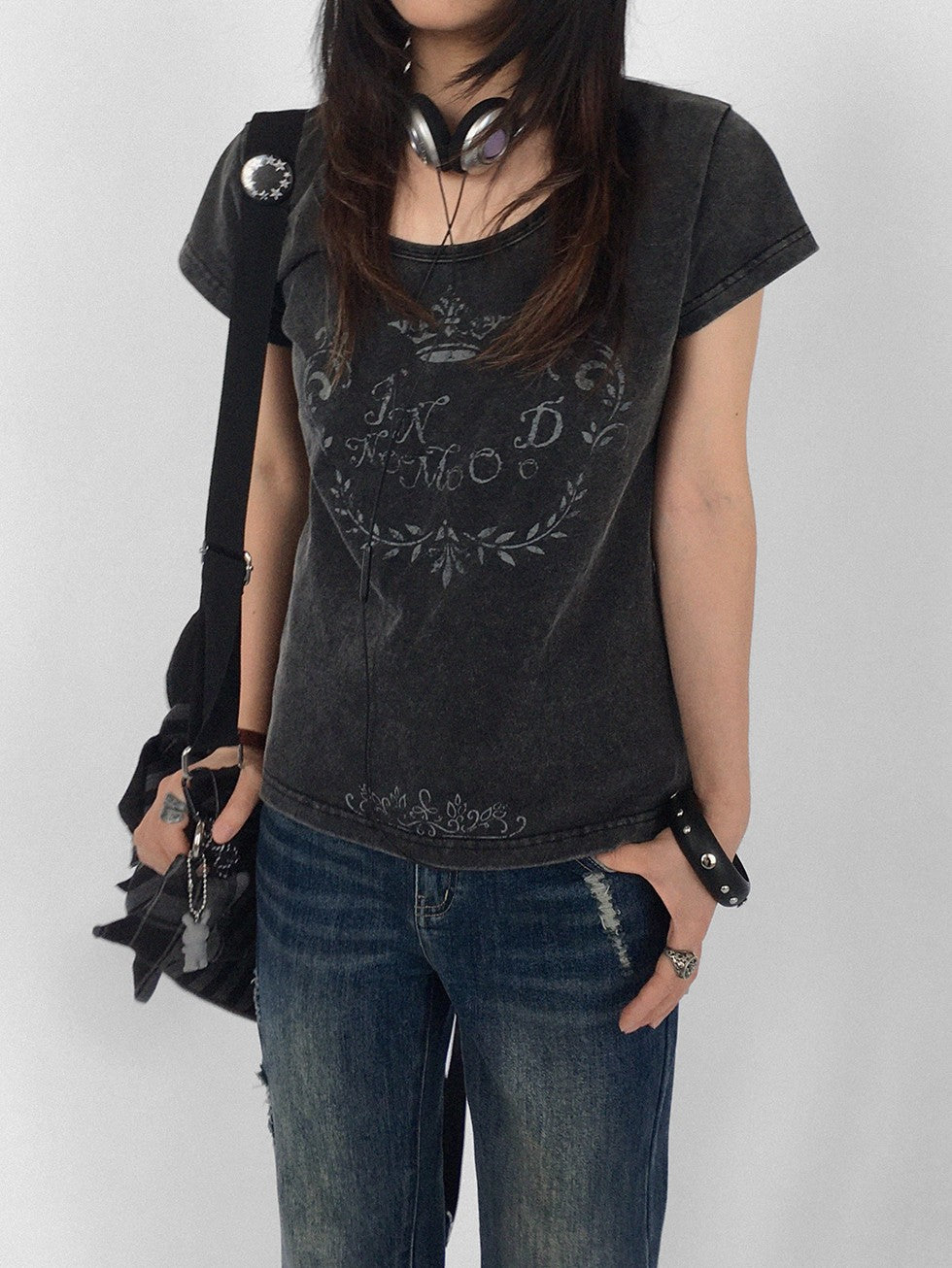 innomoood Rose Print Washed Slim Fit Women&