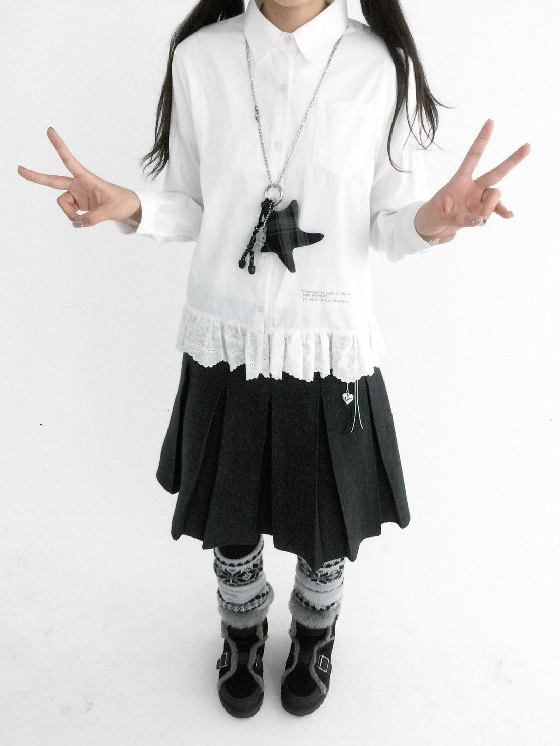 innomoood Ruffle Embroidered Collared Straight Long Sleeve Women&