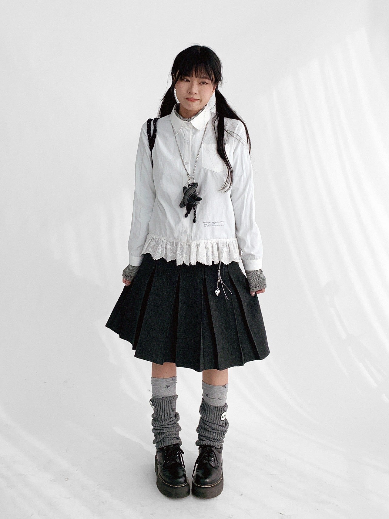 innomoood Ruffle Embroidered Collared Straight Long Sleeve Women&