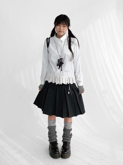 innomoood Ruffle Embroidered Collared Straight Long Sleeve Women&