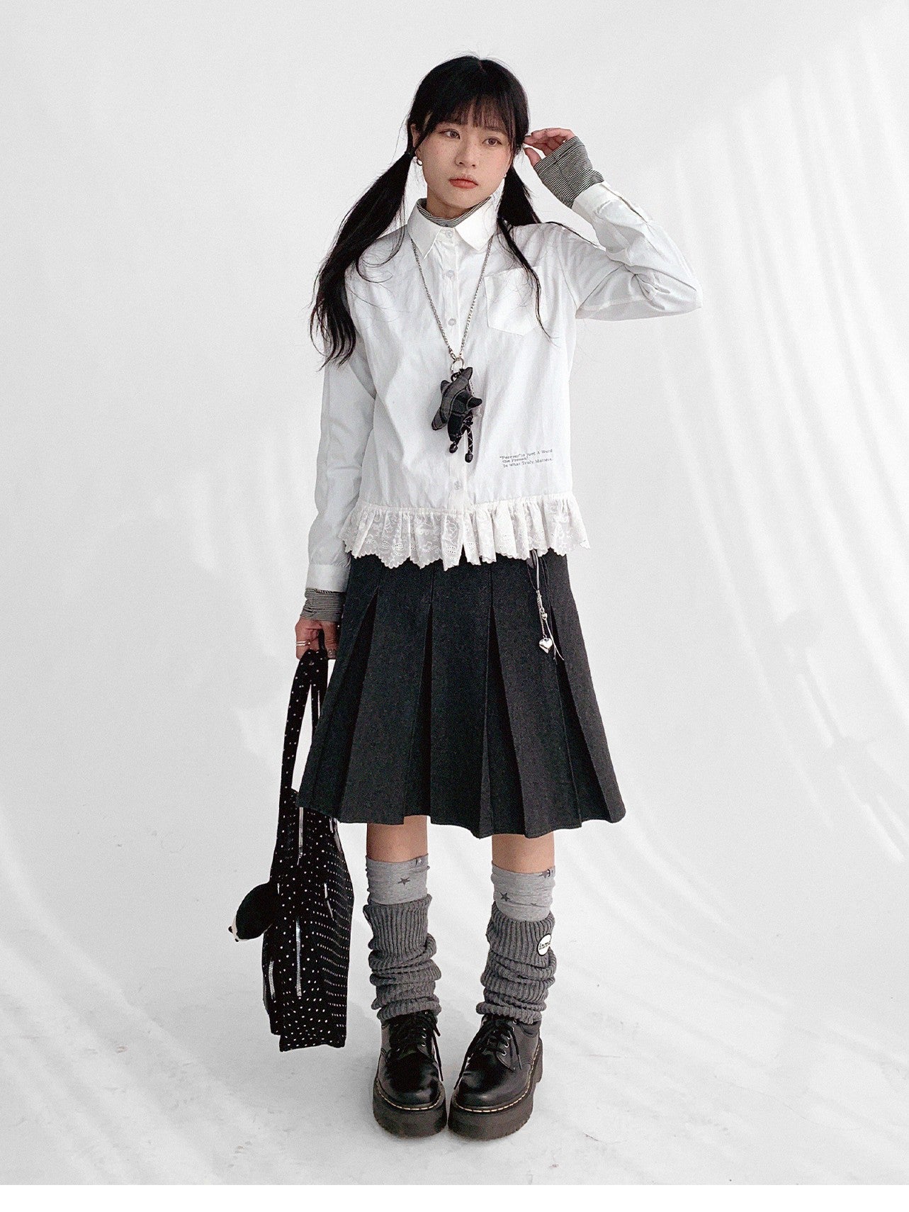 innomoood Ruffle Embroidered Collared Straight Long Sleeve Women&