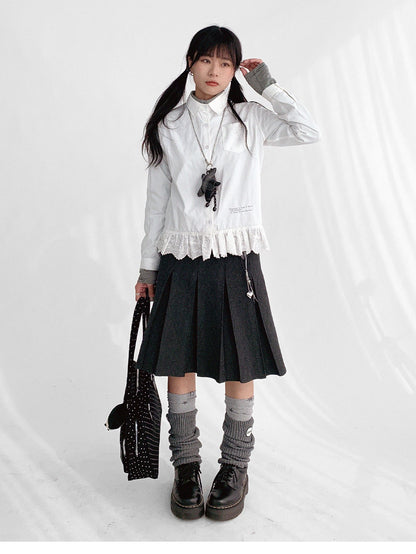 innomoood Ruffle Embroidered Collared Straight Long Sleeve Women&