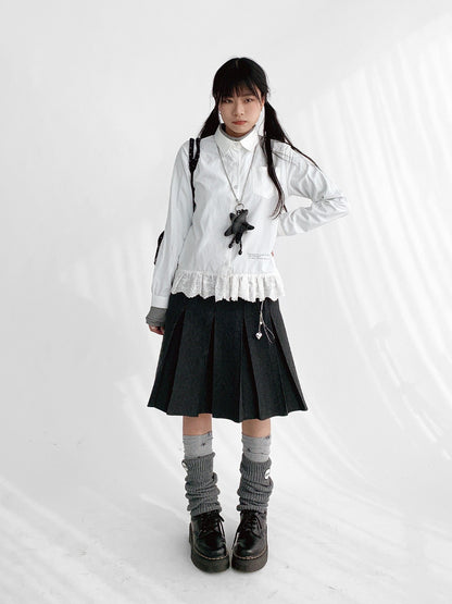 innomoood Ruffle Embroidered Collared Straight Long Sleeve Women&