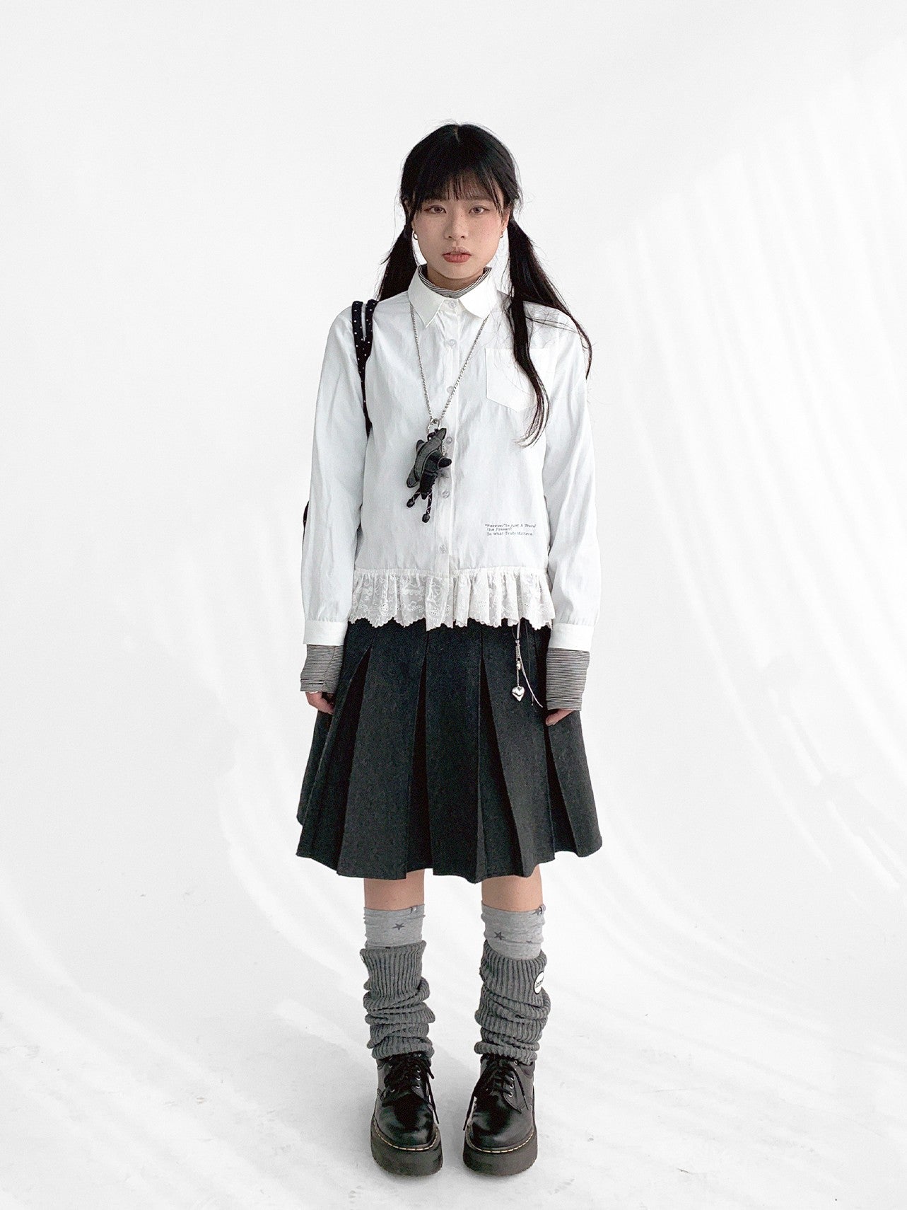 innomoood Ruffle Embroidered Collared Straight Long Sleeve Women&