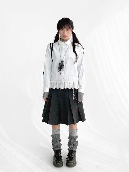 innomoood Ruffle Embroidered Collared Straight Long Sleeve Women&